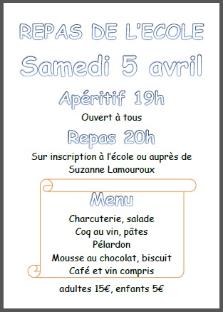 Repas de l'école samedi 5 avril