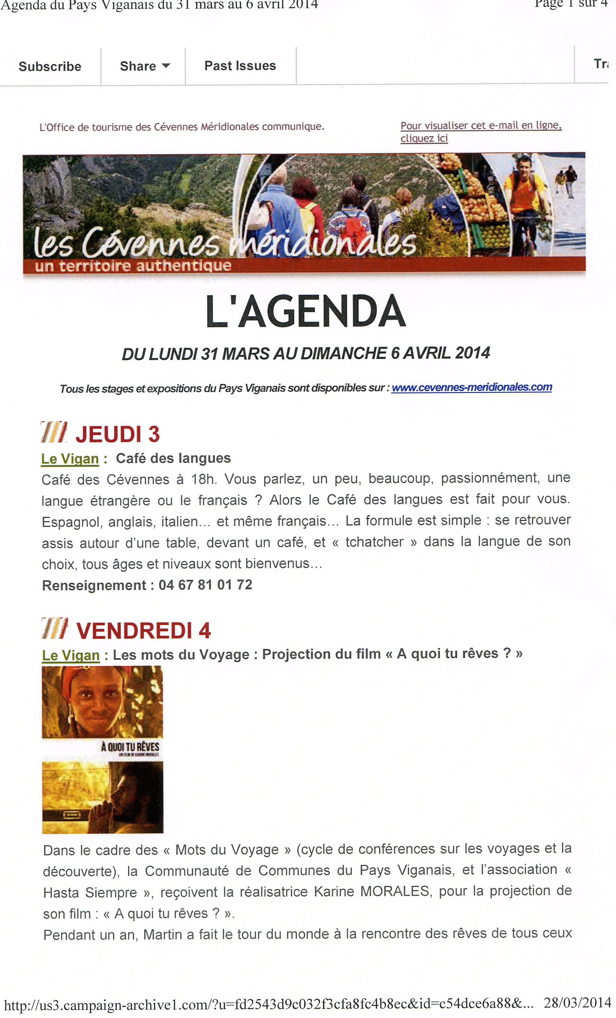 Agenda du 31 mars au 6 avril 2014